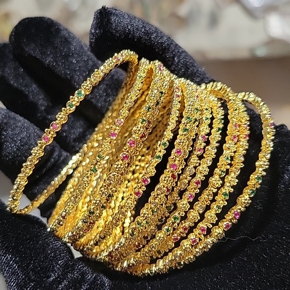 12 pcs Bangle Set Gold Diamond Rubby Multi Emeralds Stone Bollywood Luxury Style - Picture 6 of 6